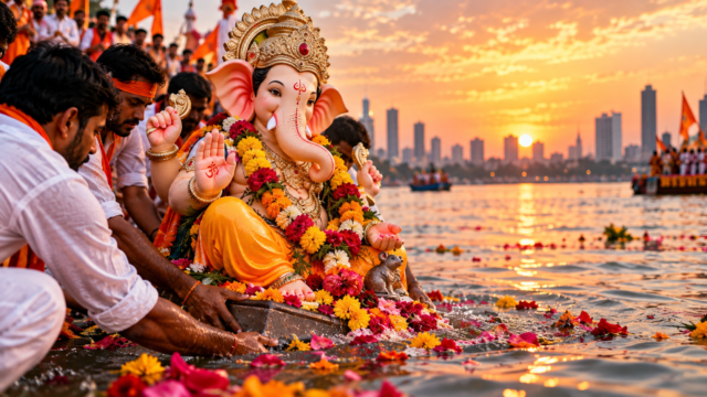 Ganesh Visarjan 2026 शुभ मुहूर्त और पूजा विधि Ganesh Visarjan 2026 भगवान गणेश की प्रतिमा का विसर्जन करते श्रद्धालु