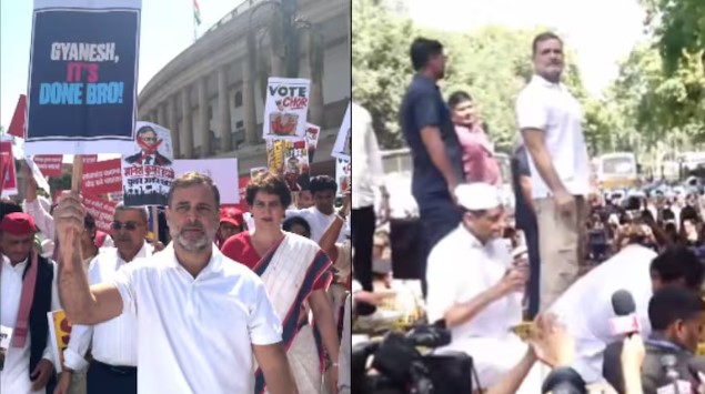Rahul Gandhi Protest Against CEC Gyanesh Kumar CEC ज्ञानेश कुमार के खिलाफ प्रदर्शन के दौरान बैरिकेड पर चढ़े राहुल गांधी और हिरासत में लिए गए विपक्षी नेता